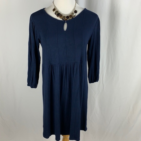 The Elevated Closet Dresses & Skirts - Navy 3/4 Sleeve Scoop Neck Pleated Front Dress